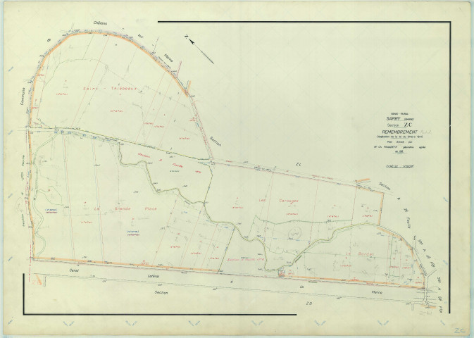 Sarry (51525). Section ZC 1 échelle 1/2000, plan remembré pour 1968, plan régulier (papier armé)