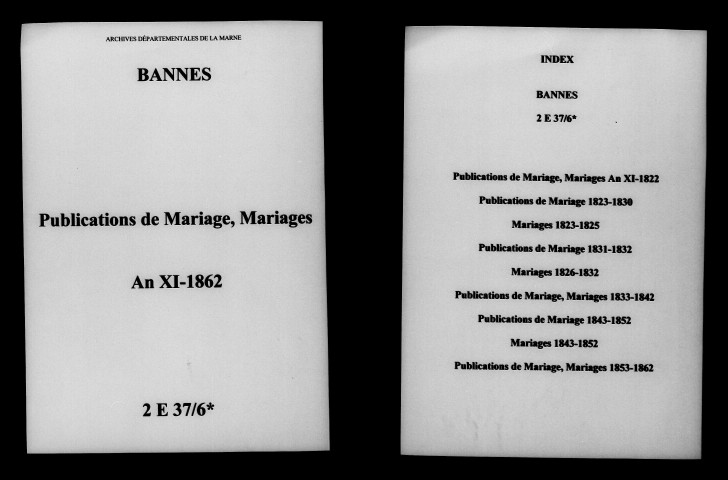 Bannes. Publications de mariage, mariages an XI-1862