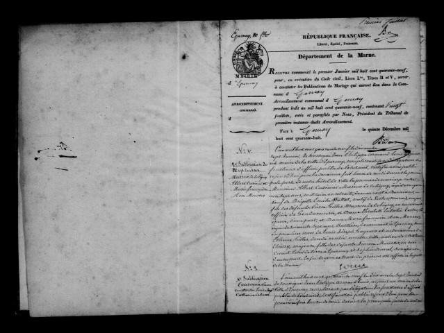 Épernay. Publications de mariage 1849