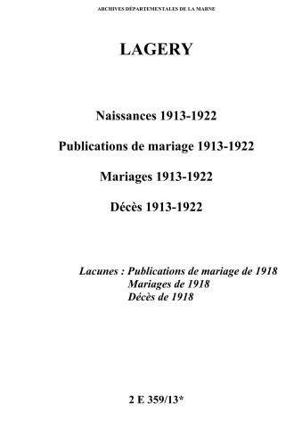 Lagery. Naissances, publications de mariage, mariages, décès 1913-1922
