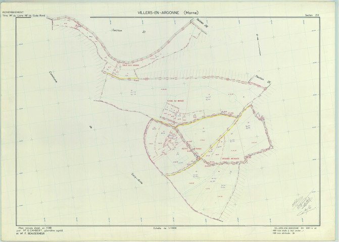 Villers-en-Argonne (51632). Section ZH échelle 1/2000, plan remembré pour 1988, plan régulier (papier armé)