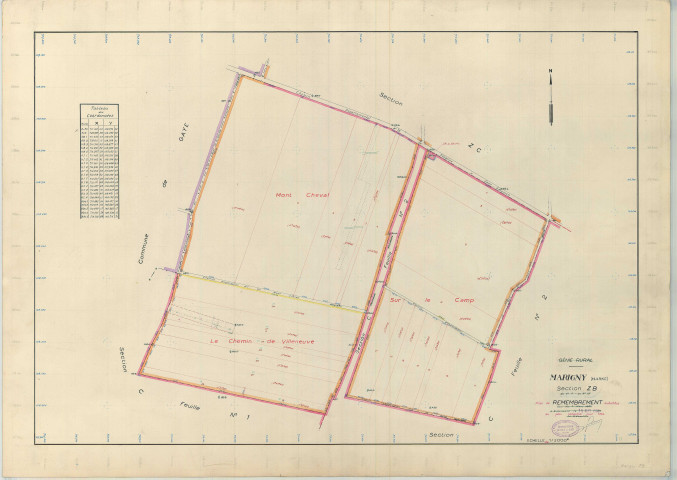 Marigny (51351). Section ZB échelle 1/2000, plan remembré pour 01/01/1964, régulier avant 20/03/1980 (papier armé)