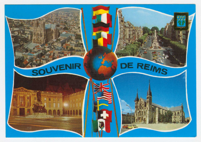 REIMS. Vue aérienne de la cathédrale. Place Drouet d'Erlon. Place Royale la nuit. Basilique St-Rémi. Aerial view of the cathedral. Drouet d'Erlon square. Royal Square by night. St-Rémi basilica. Luftansicht von Kathedrale. Drouet d'Erlon platz. Royal Platz bei nacht. St-Rémi basilica. De kathedral vanuit de lucht. De place Royale bij nacht. Sint Remigiusbasiliek. Drancy : Editions Mage, 1981.