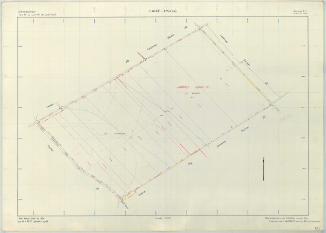 Caurel (51101). Section ZK 2 échelle 1/2000, plan remembré pour 1986, contient une extension sur Lavannes ZD, plan régulier de qualité P5 (papier armé).