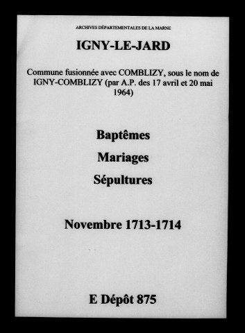 Igny-le-Jard. Baptêmes, mariages, sépultures 1713-1714