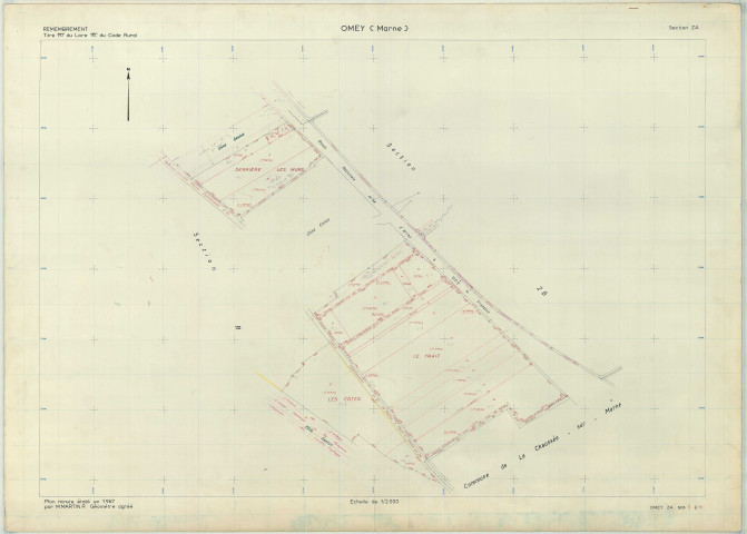 Omey (51415). Section ZA 1 échelle 1/2000, plan remembré pour 1967, plan régulier (papier armé)