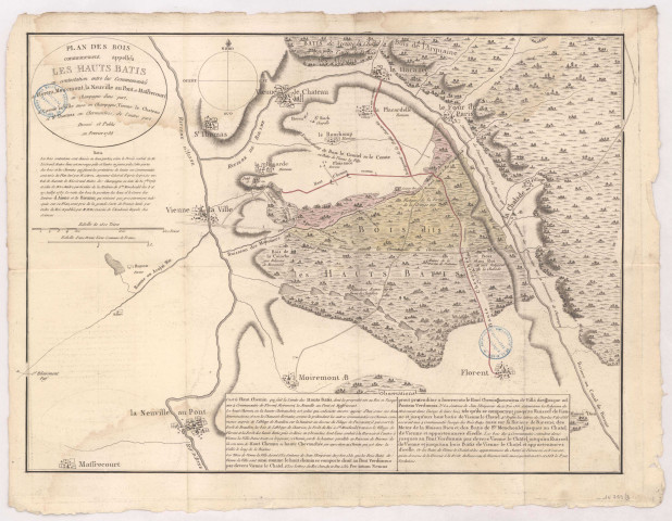 Plan des bois communement appelés Les Hauts Batis, transaction entre les quatre communautés de la Neuville-au-Pont, Maffrécourt, Moiremont et Florent, 1788.