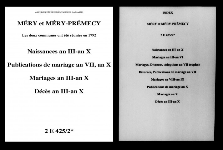 Méry-Prémecy. Naissances, mariages, décès, publications de mariage an III-an X
