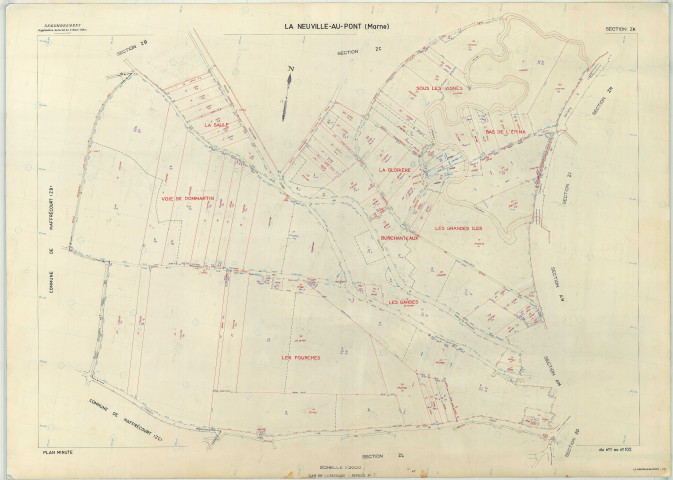 Neuville-au-Pont (La) (51399). Section ZK échelle 1/2000, plan remembré pour 1977, plan régulier (papier armé)