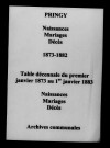 Pringy. Naissances, mariages, décès et tables décennales des naissances, mariages, décès 1873-1882