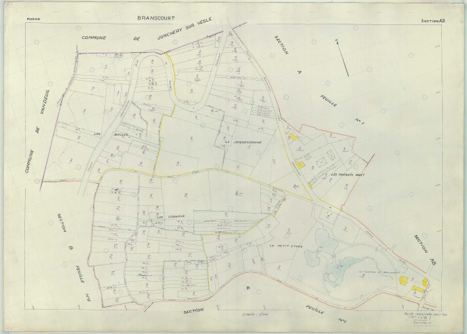 Branscourt (51081). Section AD échelle 1/1000, plan renouvelé pour 1965, plan régulier (papier armé).