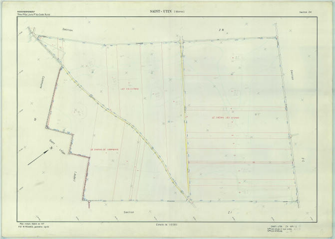 Saint-Utin (51520). Section ZK échelle 1/2000, plan remembré pour 1976, plan régulier (papier armé)
