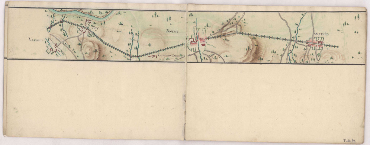 Carte itinéraire de la route de Paris en Allemagne traversant la Champagne, passant par Epernai, Chaalons, Vitry et St Dizier ,1776 : 2- de Vassieu à Mareuïl