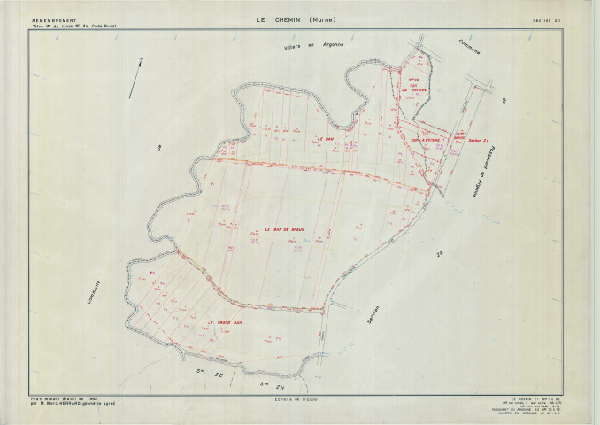 Chemin (Le) (51143). Section ZI échelle 1/2000, plan remembré pour 1983 (extension Passavant-en-Argonne ZA et sur Villers-en-Argonne YA), plan régulier (calque)