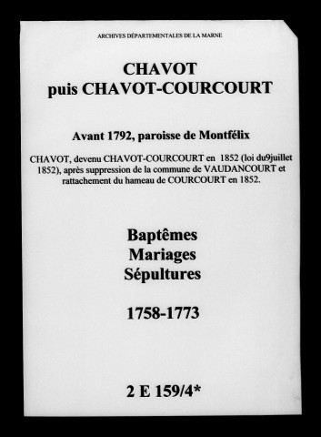 Chavot-Courcourt. Baptêmes, mariages, sépultures 1758-1773