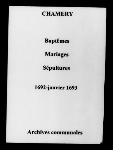 Chamery. Baptêmes, mariages, sépultures 1692-1693