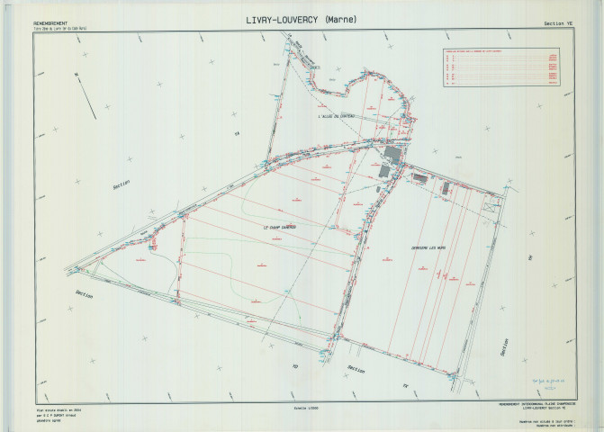 Livry-Louvercy (51326). Section YE échelle 1/2000, plan remembré pour 2004 (remembrement intercommunal de la Plaine Champenoise), plan régulier (calque)
