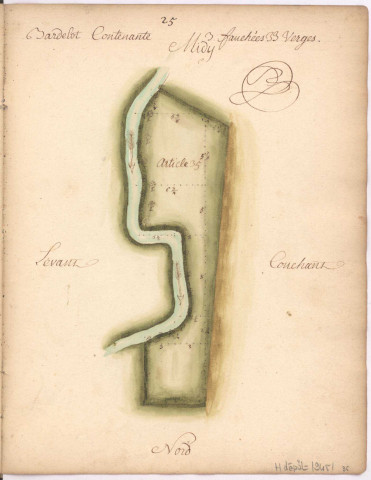 Cayet des plans et figures des prés de l'hotel Dieu de Sainte Manéhould, 1761. Plan n° 25 : Bardelot.