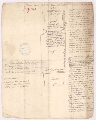 Plan de l'église de Chéhéry avec annotations sur les réparations nécessaires (1686)