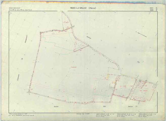 Reims-la-Brûlée (51455). Section ZC échelle 1/2000, plan remembré pour 1987 (contient sections ZD et ZI), plan régulier (papier armé)