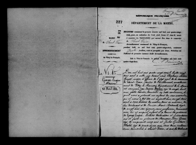 Saint-Vrain. Naissances, mariages, décès et tables décennales des naissances, mariages, décès 1883-1892