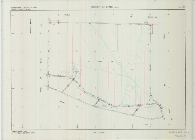Broussy-le-Grand (51090). Section ZX échelle 1/2000, plan remembré pour 01/01/1984, plan régulier de qualité P5 (calque)