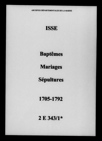 Isse. Baptêmes, mariages, sépultures 1705-1792