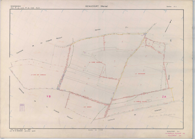 Gizaucourt (51274). Section ZI échelle 1/2000, plan remembré pour 1970 (extension sur La Chapelle-Felcourt section YB et Voilemont section ZA), plan régulier (papier armé)