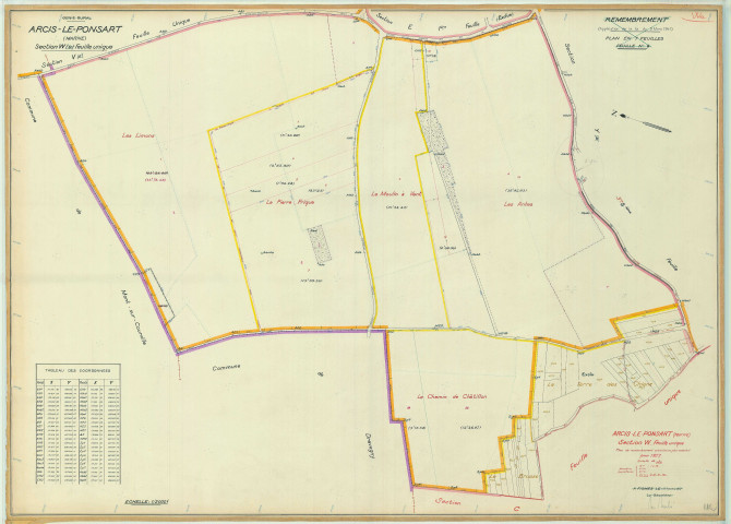 Arcis-le-Ponsart (51014). Section W échelle 1/2000, plan remembré pour 1957, plan régulier (papier).