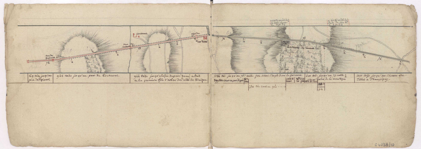 Cartes itineraires grandes routes, 1786 : Route de Paris à Mézières par Fismes Reims et Rethel, du pont de Sapicourt à la Garene de Gueux.