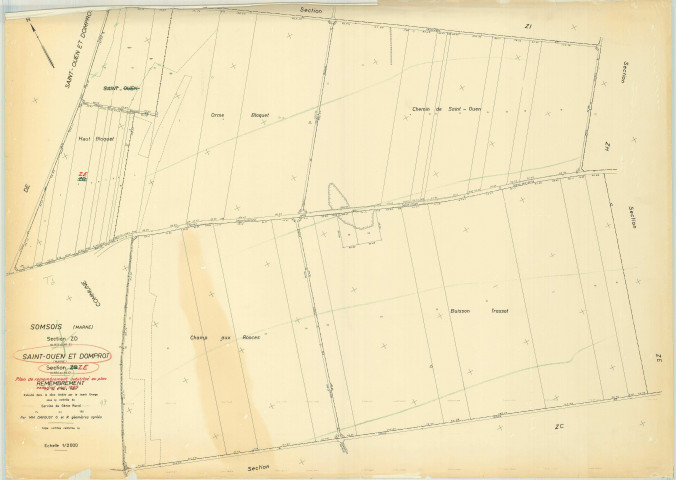 Saint-Ouen-Domprot (51508). Section ZE échelle 1/2000, plan remembré pour 1969 (extension sur Somsois section ZD), plan régulier (papier)