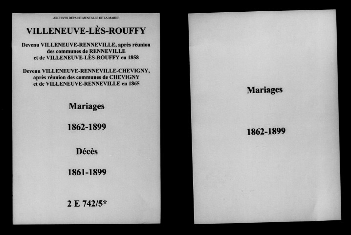 Villeneuve-Renneville. Chevigny. Villeneuve-Renneville-Chevigny. Mariages, décès 1861-1899