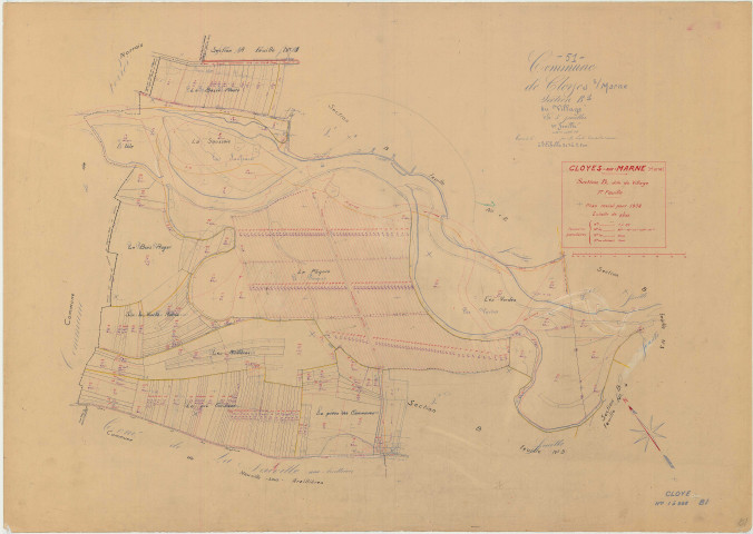 Cloyes-sur-Marne (51156). Section B1 échelle 1/2500, plan mis à jour pour 1938, plan non régulier (papier)