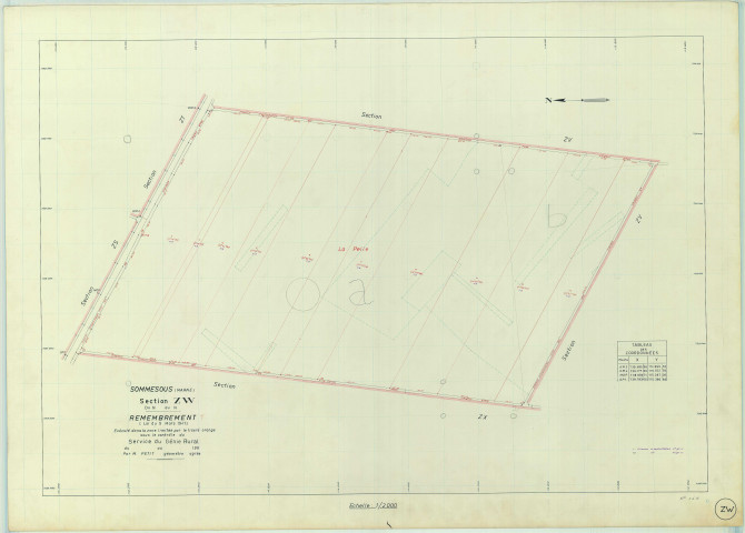 Sommesous (51545). Section ZW échelle 1/2000, plan remembré pour 1968, plan régulier (papier armé)