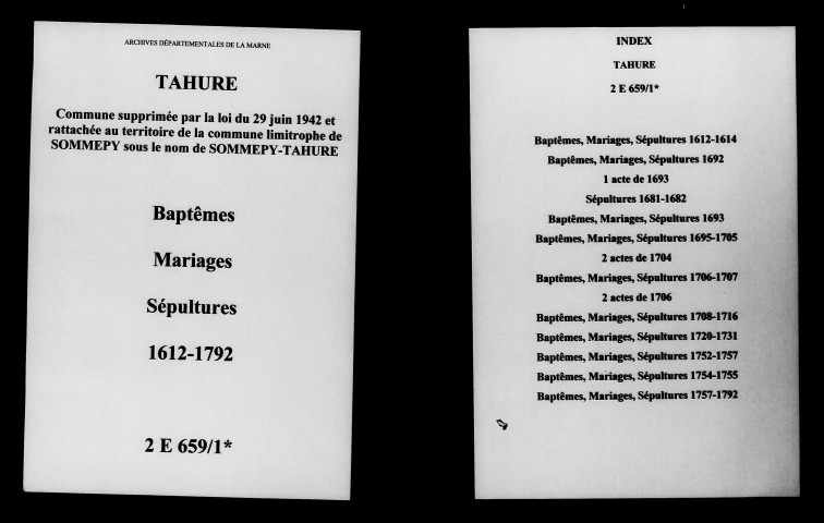 Tahure. Baptêmes, mariages, sépultures 1612-1792