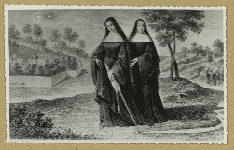 AVENAY-VAL-D'OR. Église d'Avenay. Reproduction d'une toile de l'école de Philippe de Champaigne (20 kilomètres d'excursion par René Dumon. Sainte Berthe, abbesse d'Avenay, acheta aux moines de Saint-Basle de Verzy, la source de Vertuelle qu'elle paya une livre d'or, suivant Flodoart, et avec sa quenouille et l'une de ses sœurs, elle entraîne la source jusqu'à son couvent.