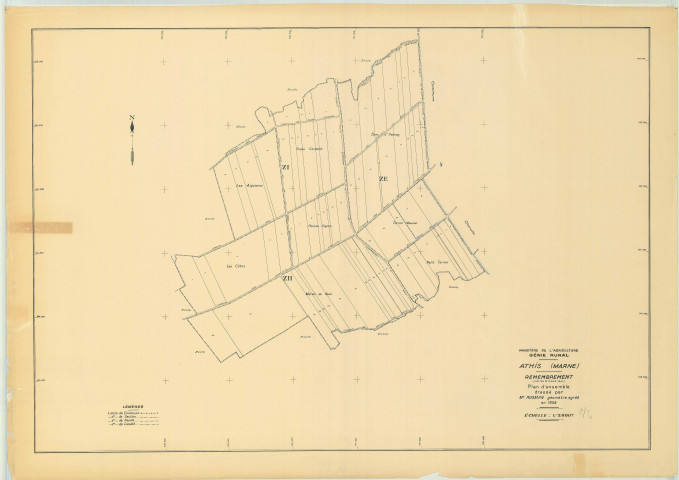 Athis (51018). Tableau d'assemblage 1 échelle 1/5000, plan remembré pour 1958 (Plan d'ensemble sections ZI ZE ZH), plan régulier (papier)