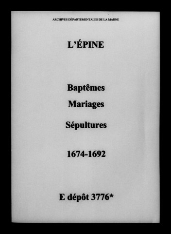 Épine (L'). Baptêmes, mariages, sépultures 1674-1692