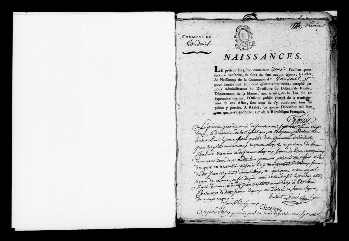 Vandeuil. Naissances, publications de mariage, mariages, décès 1793-an X