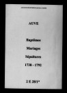 Auve. Baptêmes, mariages, sépultures 1738-1792