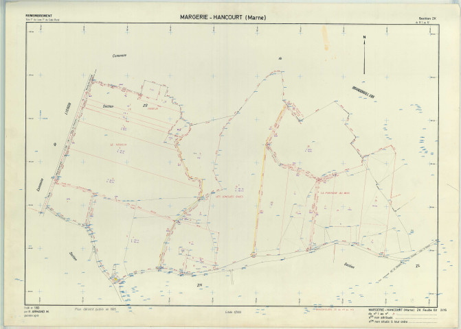 Margerie-Hancourt (51349). Section ZK échelle 1/2000, plan remembré pour 1983 (extension sur Brandonvillers section ZO), plan régulier (papier armé)