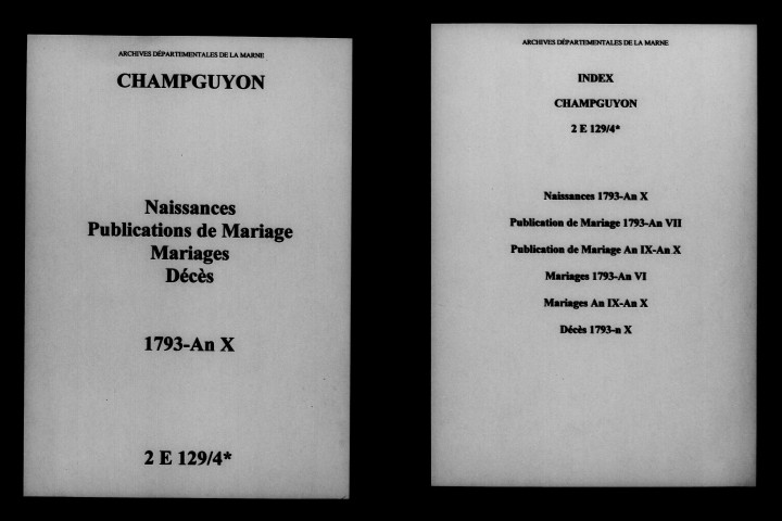 Champguyon. Naissances, publications de mariage, mariages, décès 1793-an X