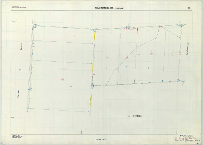 Auménancourt (51025). Section ZC échelle 1/2000, plan remembré pour 1979, contient une extension sur Bourgogne-Fresne ZC, plan régulier (papier armé).