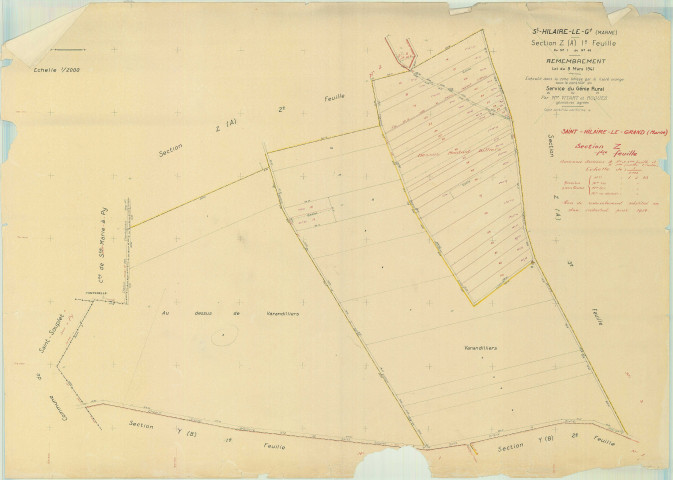 Saint-Hilaire-le-Grand (51486). Section Z1 échelle 1/2000, plan remembré pour 1954 (ancienne section A1, A5 et B2), plan régulier (papier)
