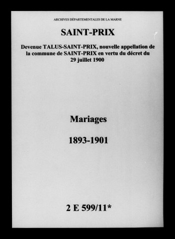 Saint-Prix. Talus-Saint-Prix. Mariages 1893-1901
