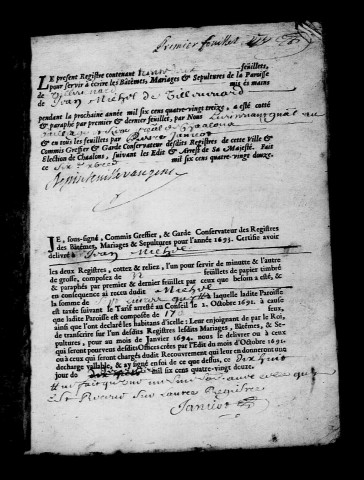 Villevenard. Baptêmes, mariages, sépultures 1693