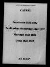 Caurel. Naissances, publications de mariage, mariages, décès 1823-1832