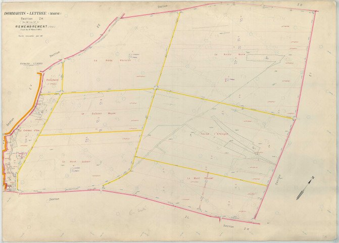 Dommartin-Lettrée (51212). Section ZH échelle 1/2000, plan remembré pour 1967, plan régulier (papier armé)