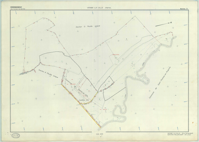 Vienne-la-Ville (51620). Section ZA échelle 1/2000, plan remembré pour 1977 (extension sur Servon-Melzicourt section ZN), plan régulier (papier armé)
