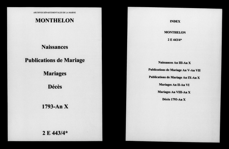 Monthelon. Naissances, publications de mariage, mariages, décès 1793-an X
